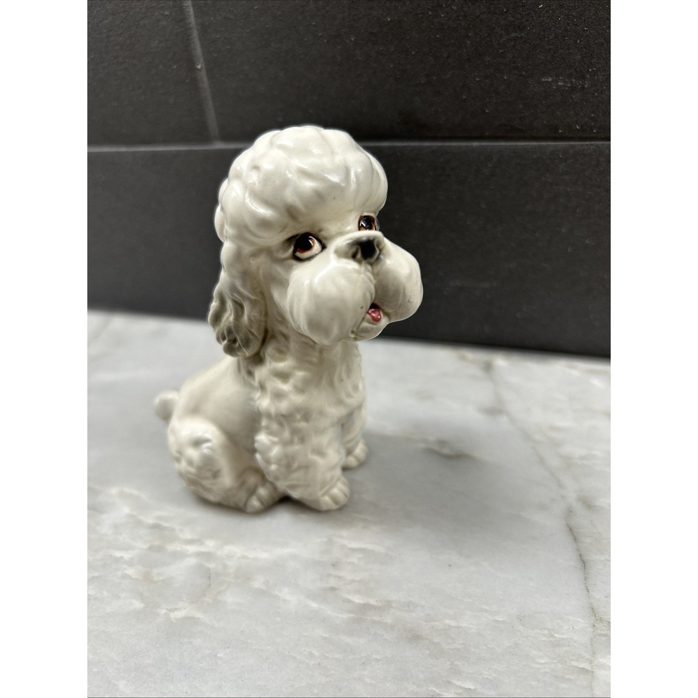 Lefton White Sitting Poodle MCM Foil Sticker Porcelain Dog 4" Japan VTG - Picture 1 of 7